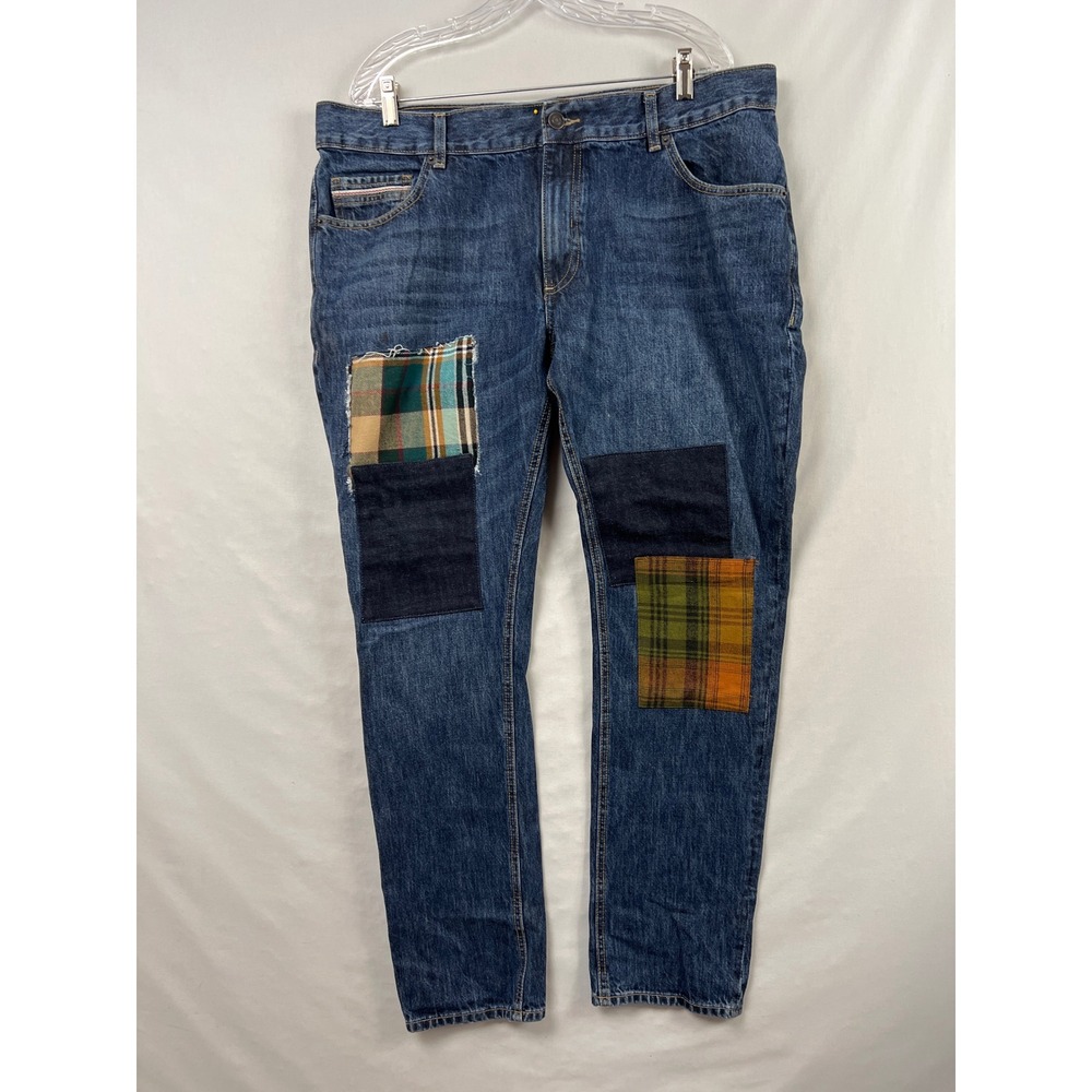 Sun + Stone Patchwork Jeans Mens 38 Blue Plaid Accents Straight Leg Denim